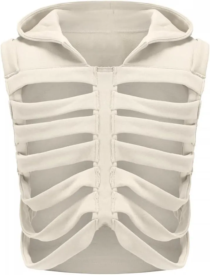 Unisex Oversized Skeleton Hoodie Men Cropped Sleeveless Sweatshirt for Women Goth Halloween Costume Skull Hooded Vest