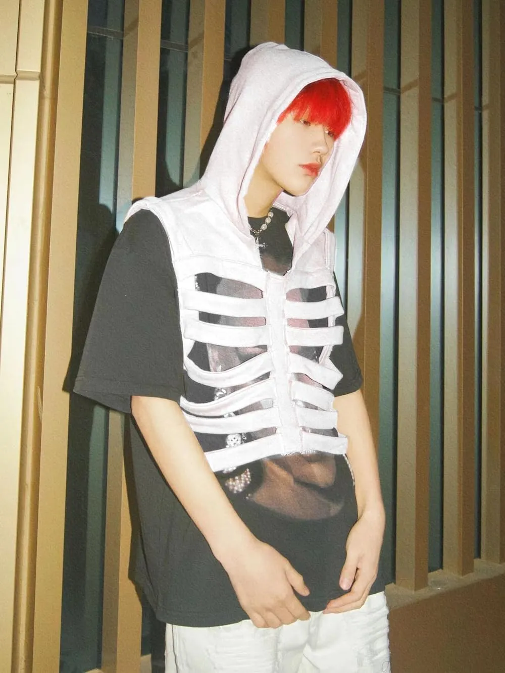Unisex Oversized Skeleton Hoodie Men Cropped Sleeveless Sweatshirt for Women Goth Halloween Costume Skull Hooded Vest