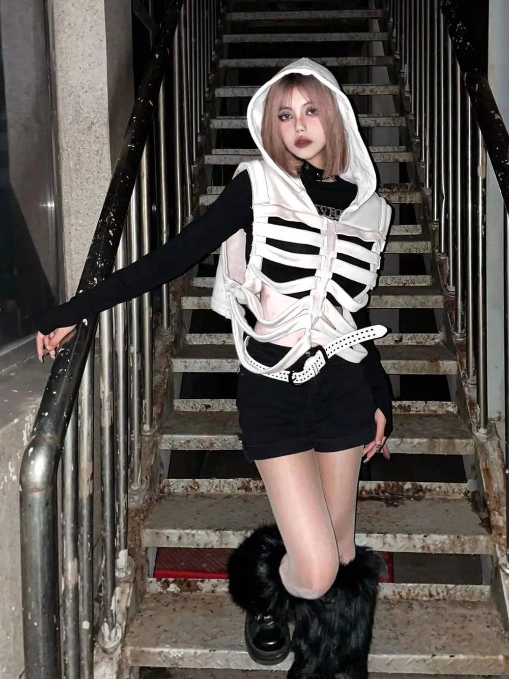 Unisex Oversized Skeleton Hoodie Men Cropped Sleeveless Sweatshirt for Women Goth Halloween Costume Skull Hooded Vest