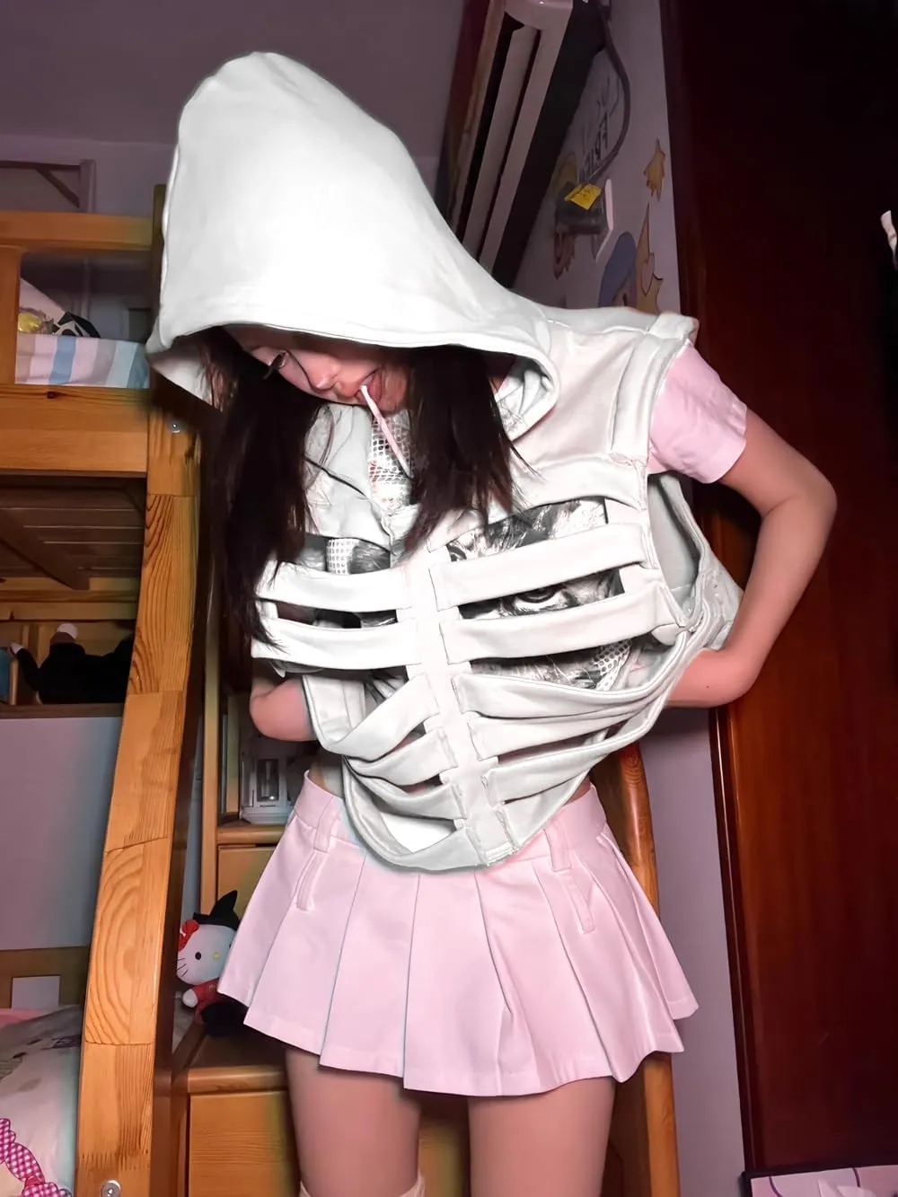 Unisex Oversized Skeleton Hoodie Men Cropped Sleeveless Sweatshirt for Women Goth Halloween Costume Skull Hooded Vest