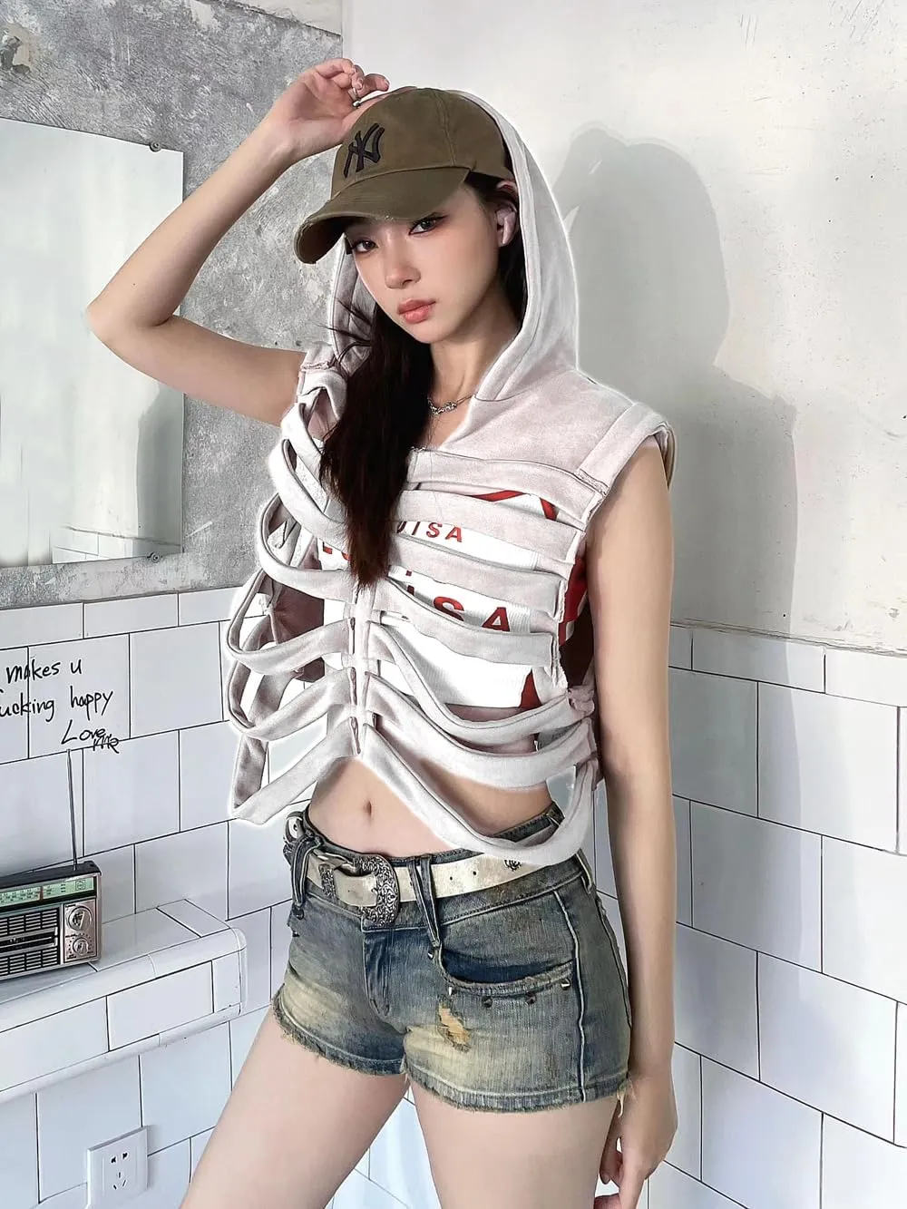 Unisex Oversized Skeleton Hoodie Men Cropped Sleeveless Sweatshirt for Women Goth Halloween Costume Skull Hooded Vest