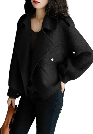 utcoco Women Cropped Wool Coats Notched Lapel Pea Coat Open Front Trench Overcoat Jackets with Pockets