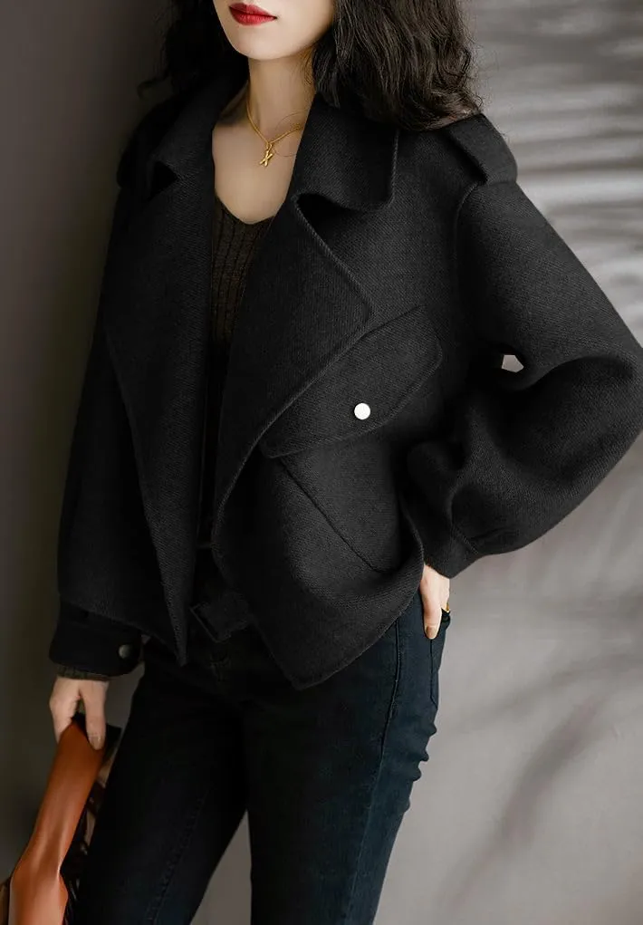 utcoco Women Cropped Wool Coats Notched Lapel Pea Coat Open Front Trench Overcoat Jackets with Pockets