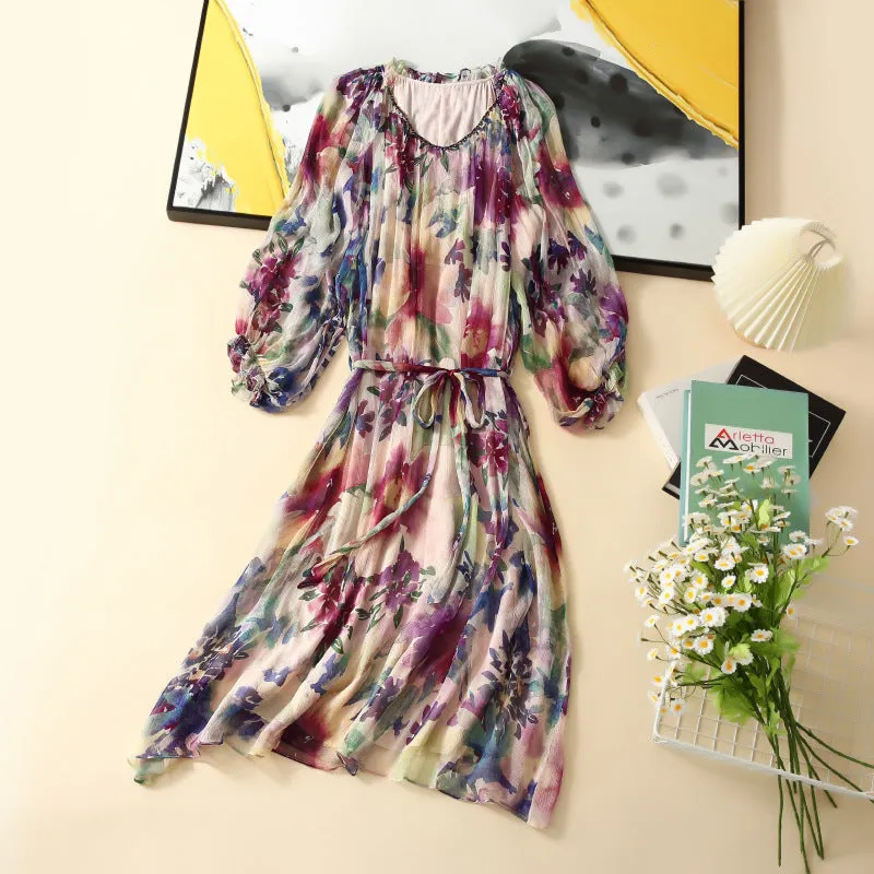 Vintage Style Silk Long Sleeve V-Neck Dress