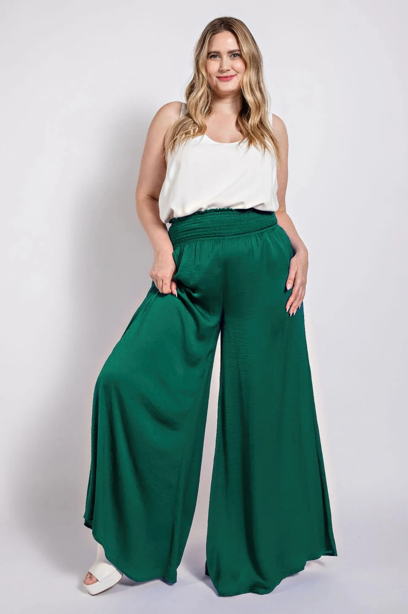 Washed Satin Wide Pants With Waist Smocked