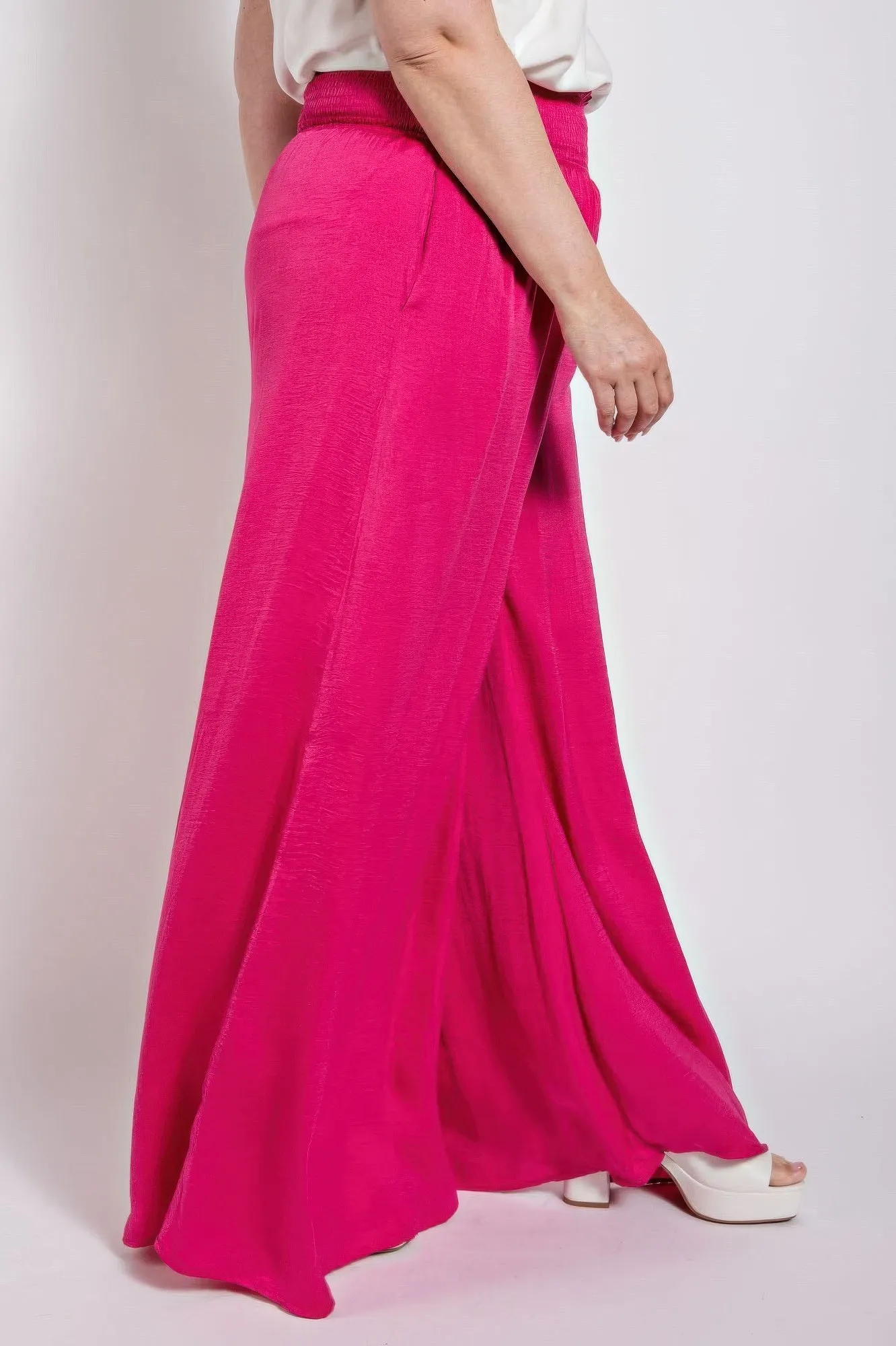 Washed Satin Wide Pants With Waist Smocked