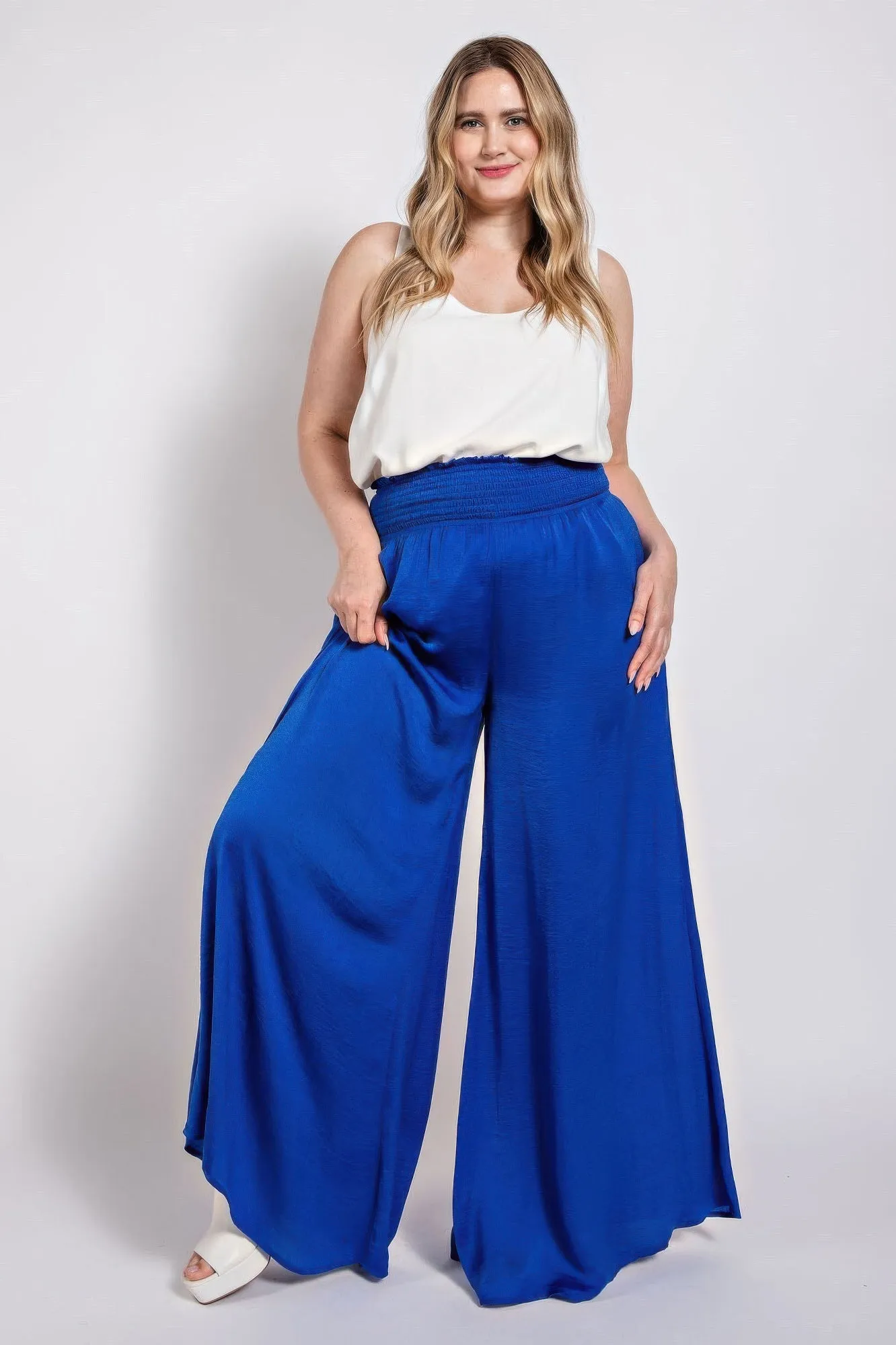 Washed Satin Wide Pants With Waist Smocked