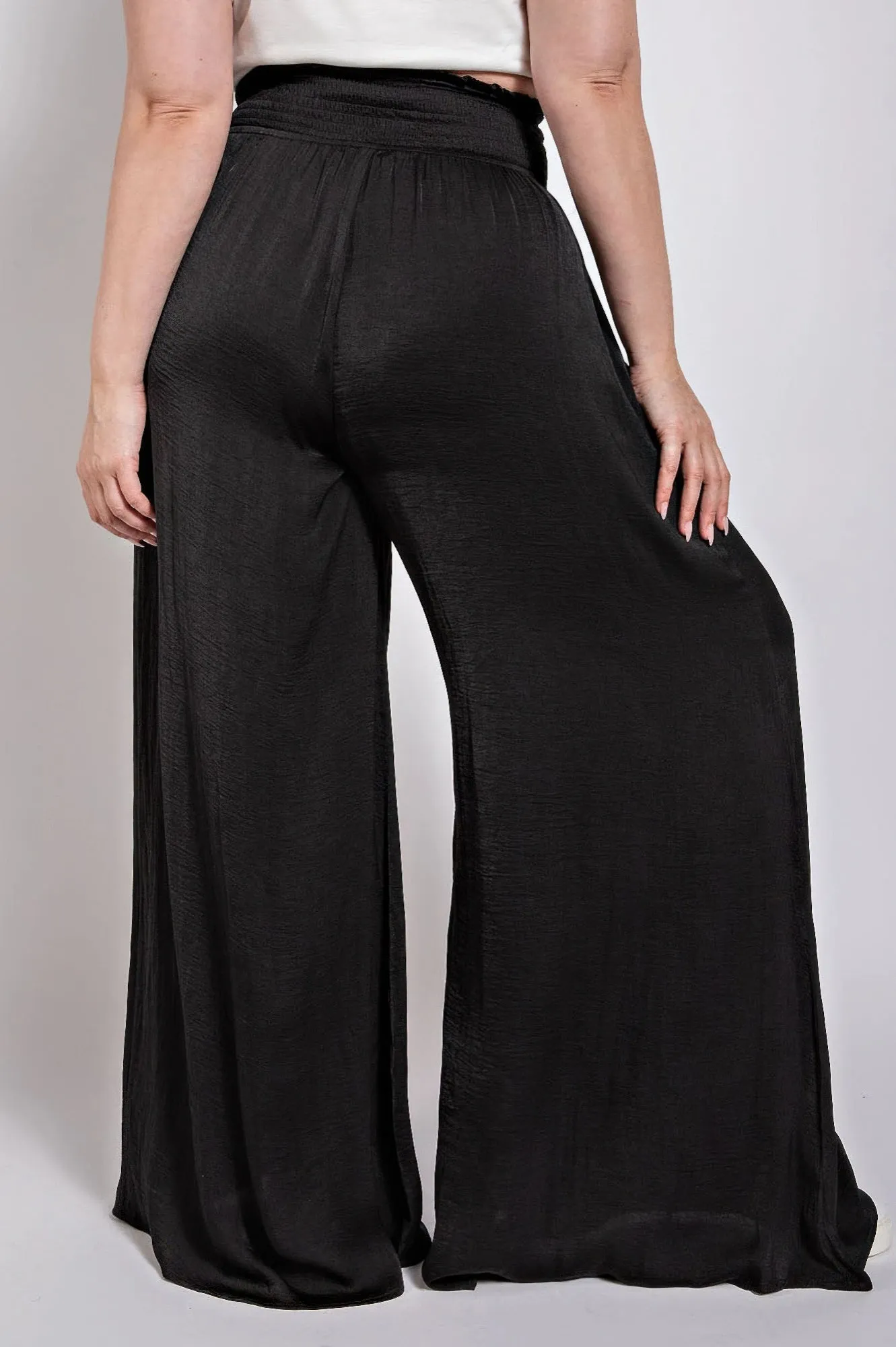 Washed Satin Wide Pants With Waist Smocked