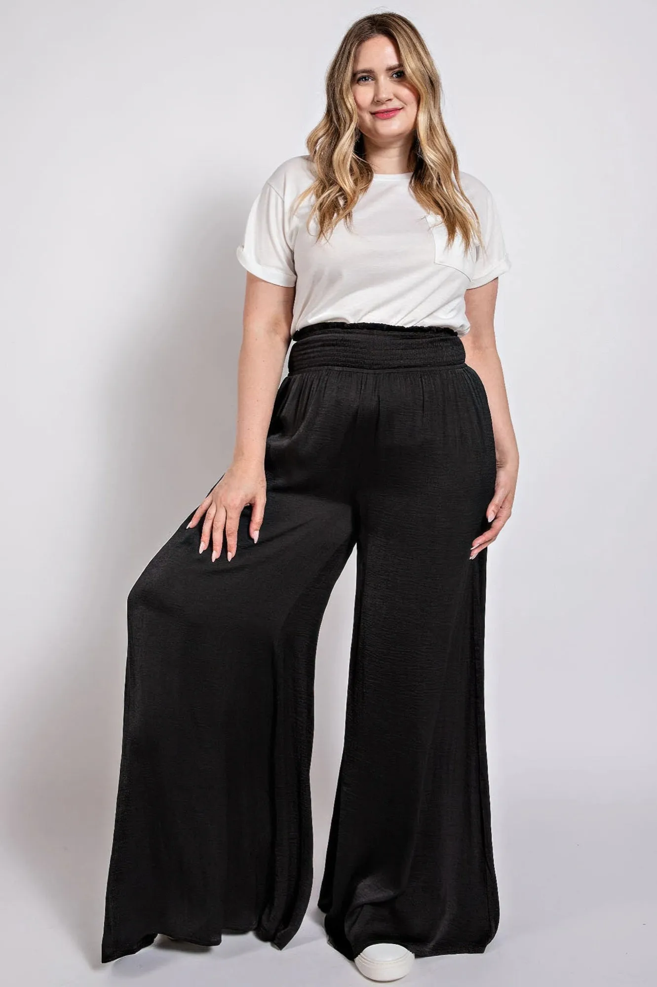 Washed Satin Wide Pants With Waist Smocked