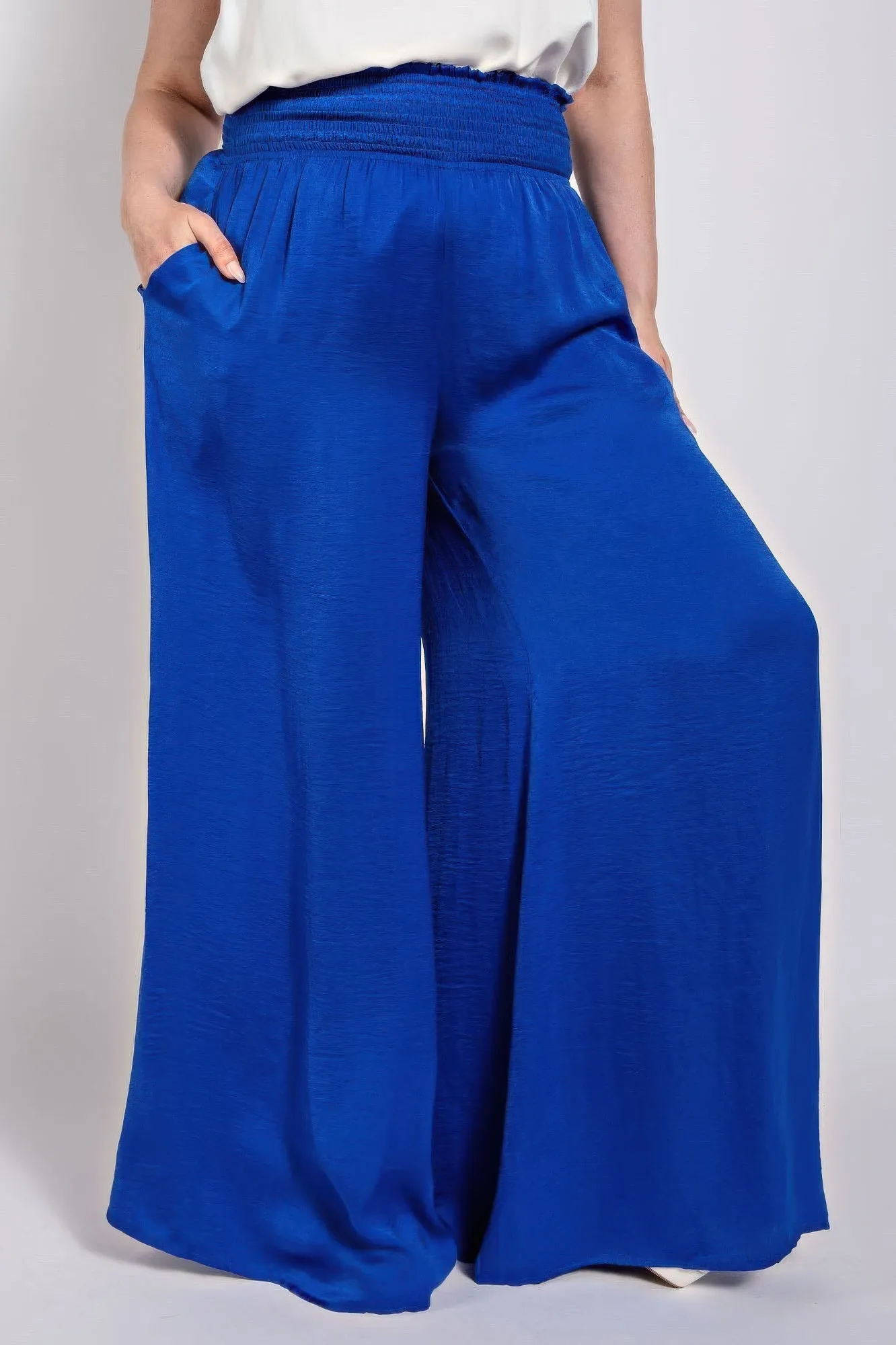 Washed Satin Wide Pants With Waist Smocked