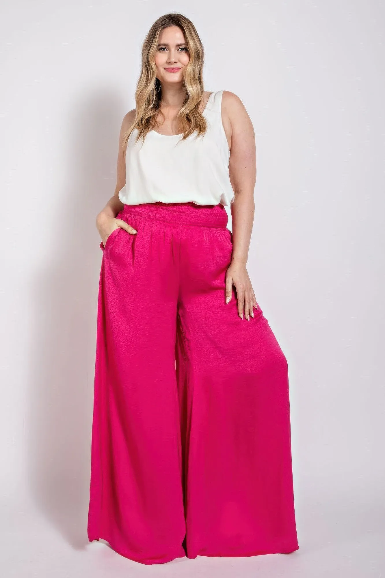 Washed Satin Wide Pants With Waist Smocked