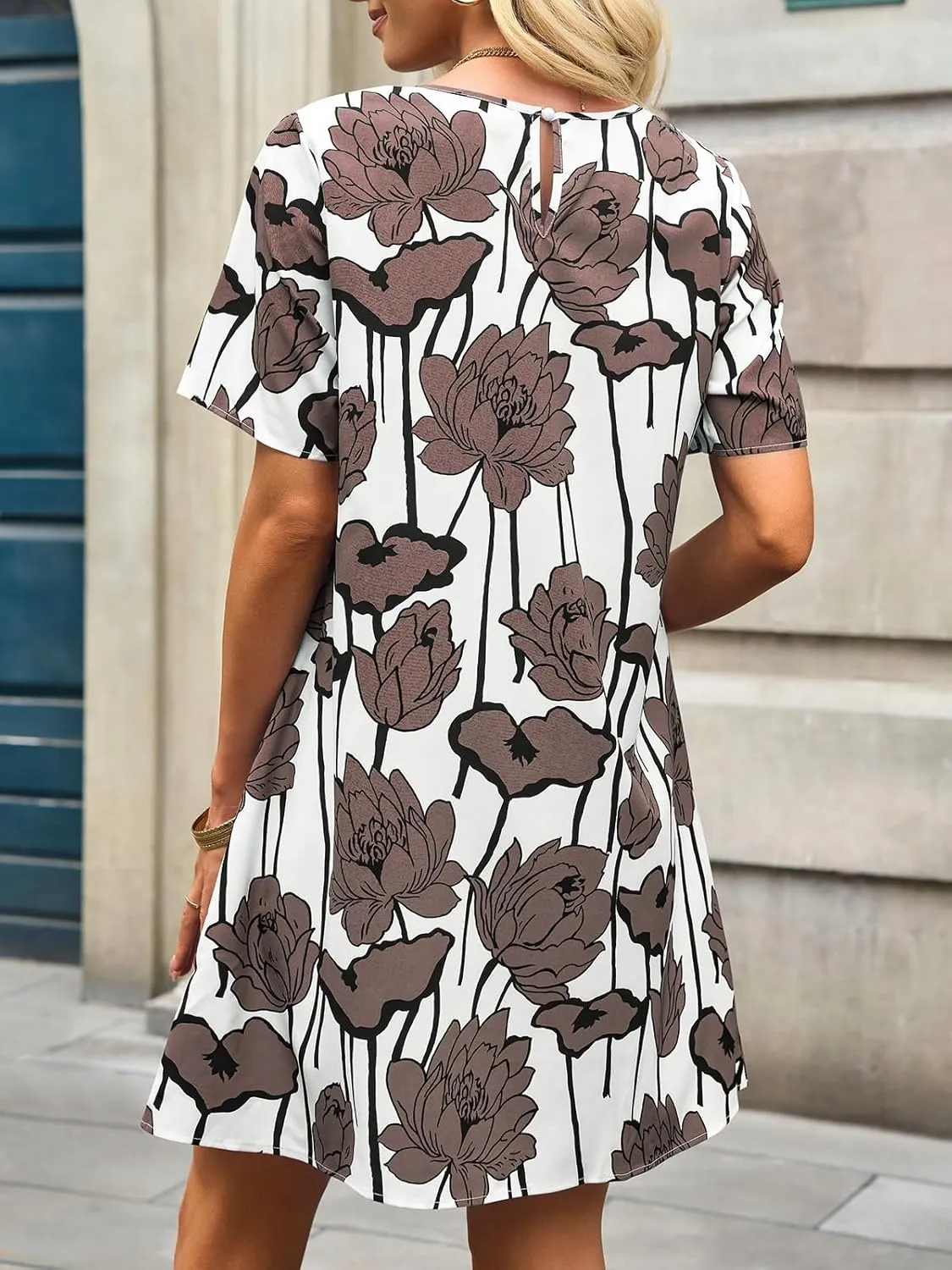 Wenrine Womens Summer Casual Floral Mini Dress Short Sleeve Pleated Front Loose Beach Tunic Dresses with Pockets