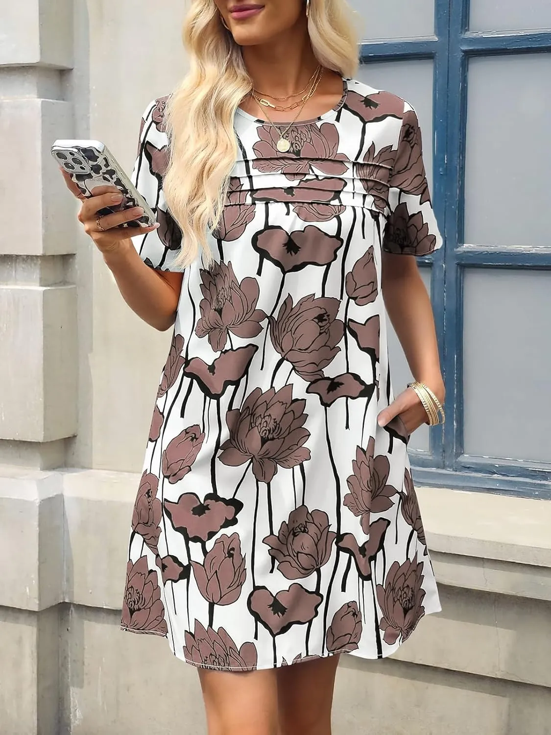 Wenrine Womens Summer Casual Floral Mini Dress Short Sleeve Pleated Front Loose Beach Tunic Dresses with Pockets