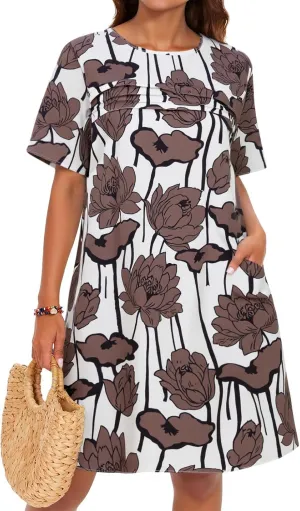 Wenrine Womens Summer Casual Floral Mini Dress Short Sleeve Pleated Front Loose Beach Tunic Dresses with Pockets