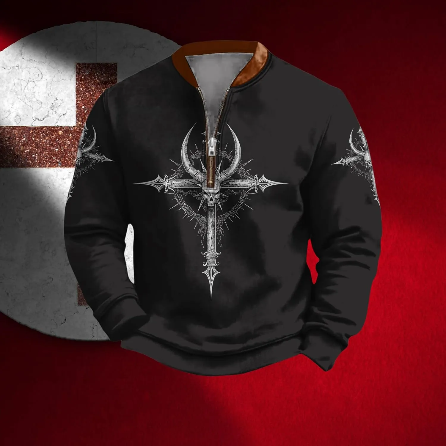 Western Skull Grapic Hoodies For Men Half Zip Pullover Novelty Nautical Anchor Print Outdoor Casual Sweatshirts