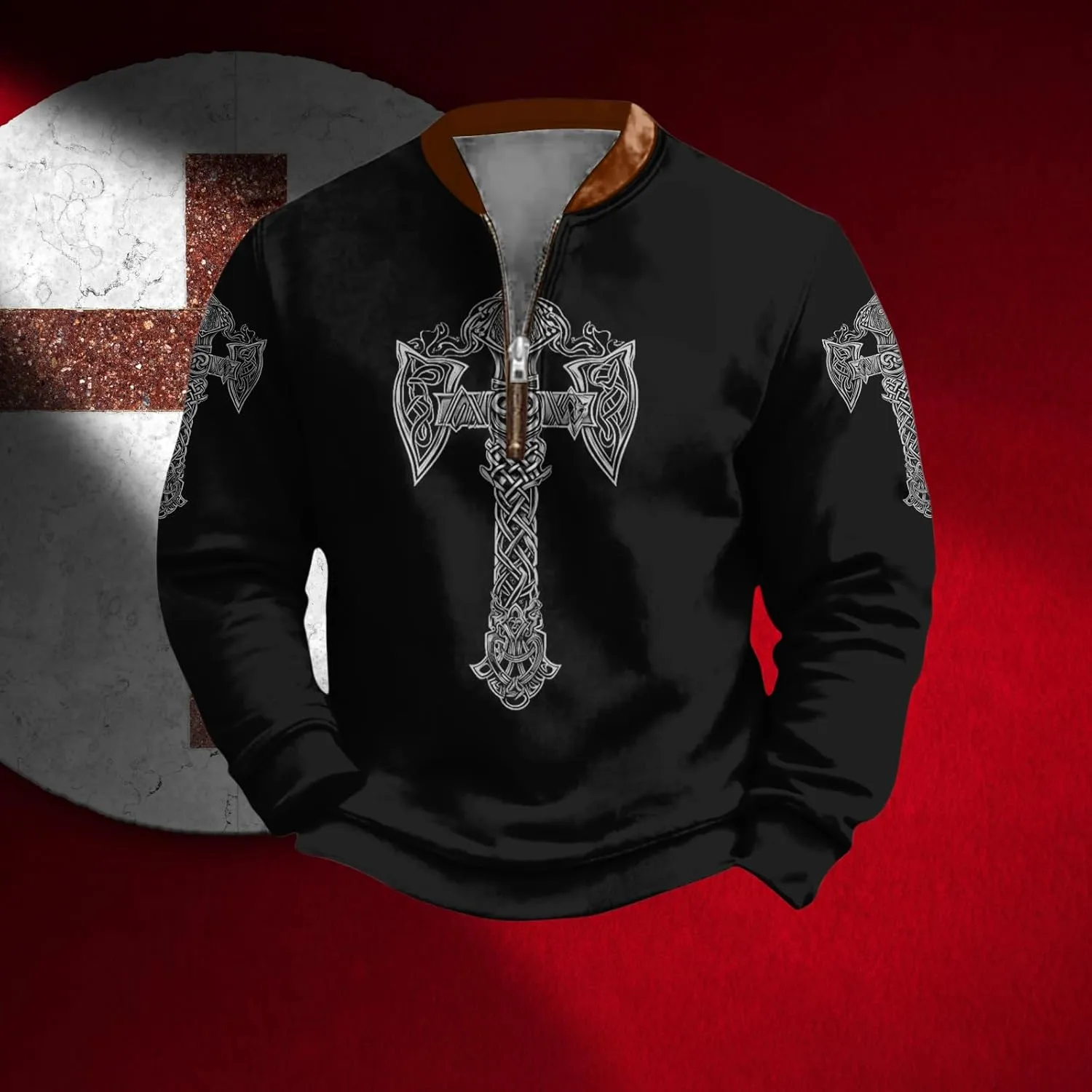Western Skull Grapic Hoodies For Men Half Zip Pullover Novelty Nautical Anchor Print Outdoor Casual Sweatshirts