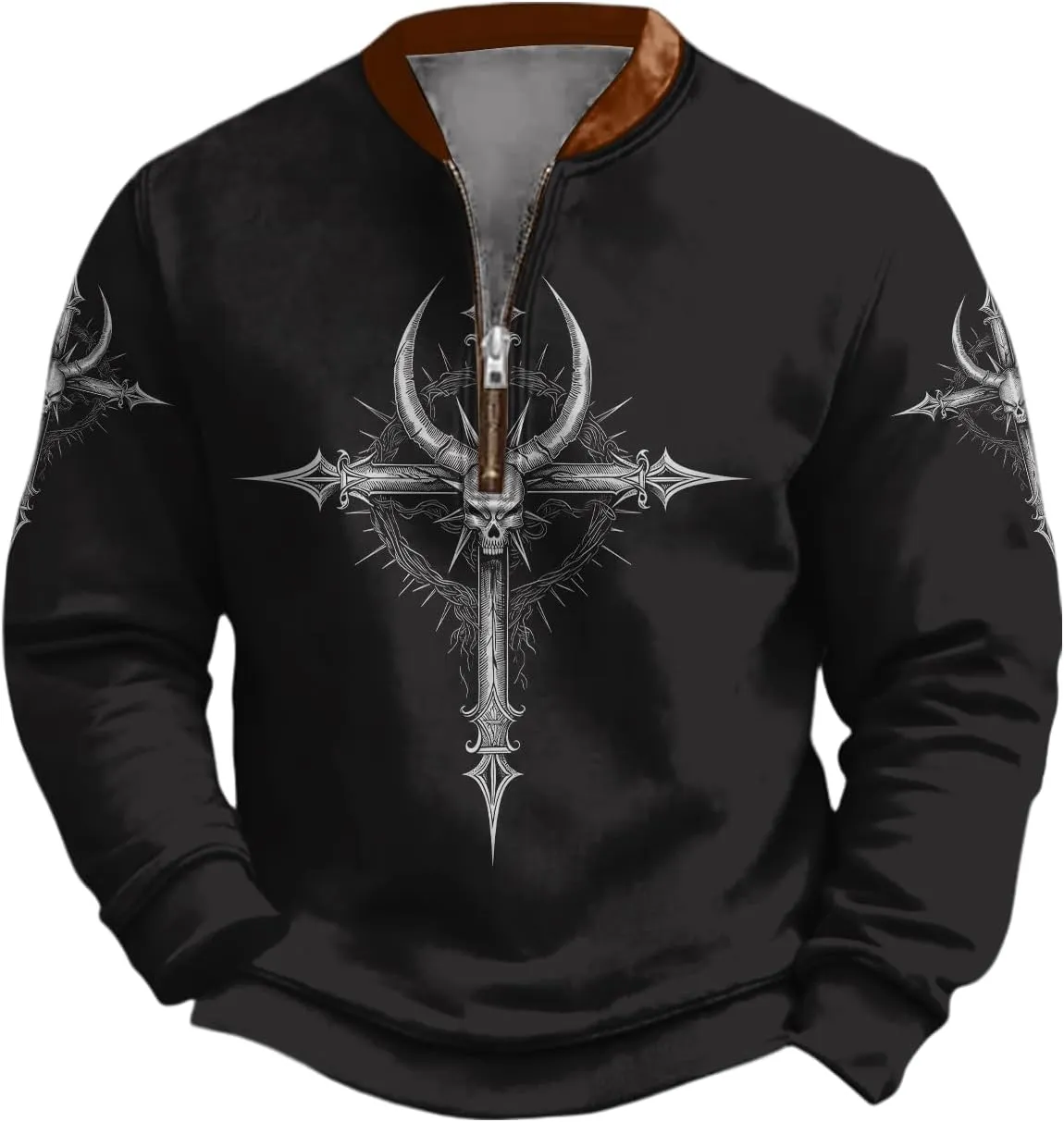 Western Skull Grapic Hoodies For Men Half Zip Pullover Novelty Nautical Anchor Print Outdoor Casual Sweatshirts
