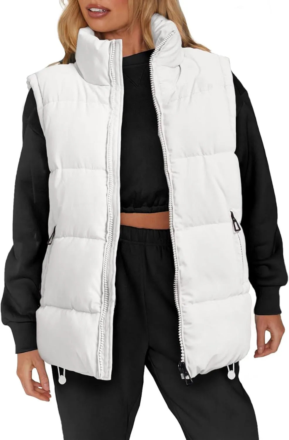 WHN Womens Puffer Vest 2024 Winter Zip Up Oversized Padded Puffy Jacket Coat with Pockets
