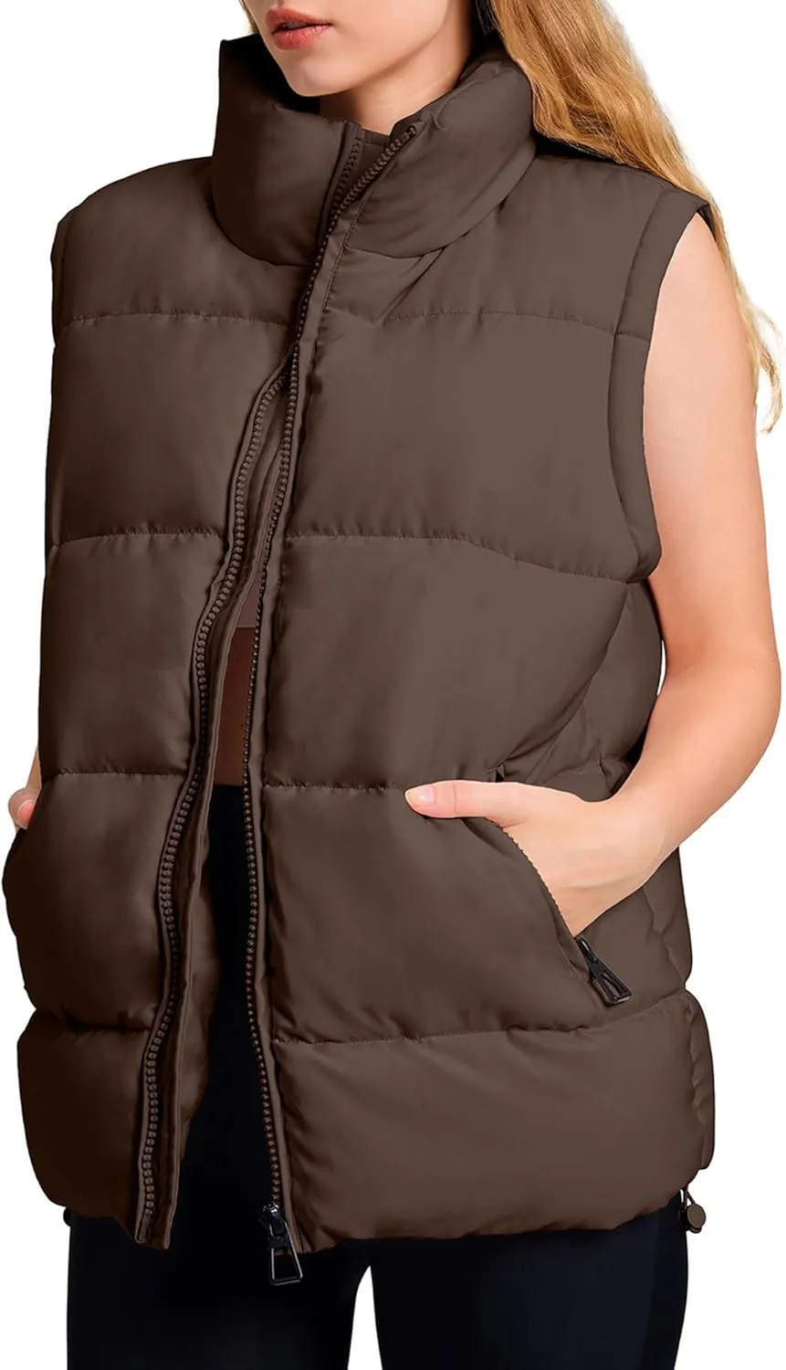WHN Womens Puffer Vest 2024 Winter Zip Up Oversized Padded Puffy Jacket Coat with Pockets