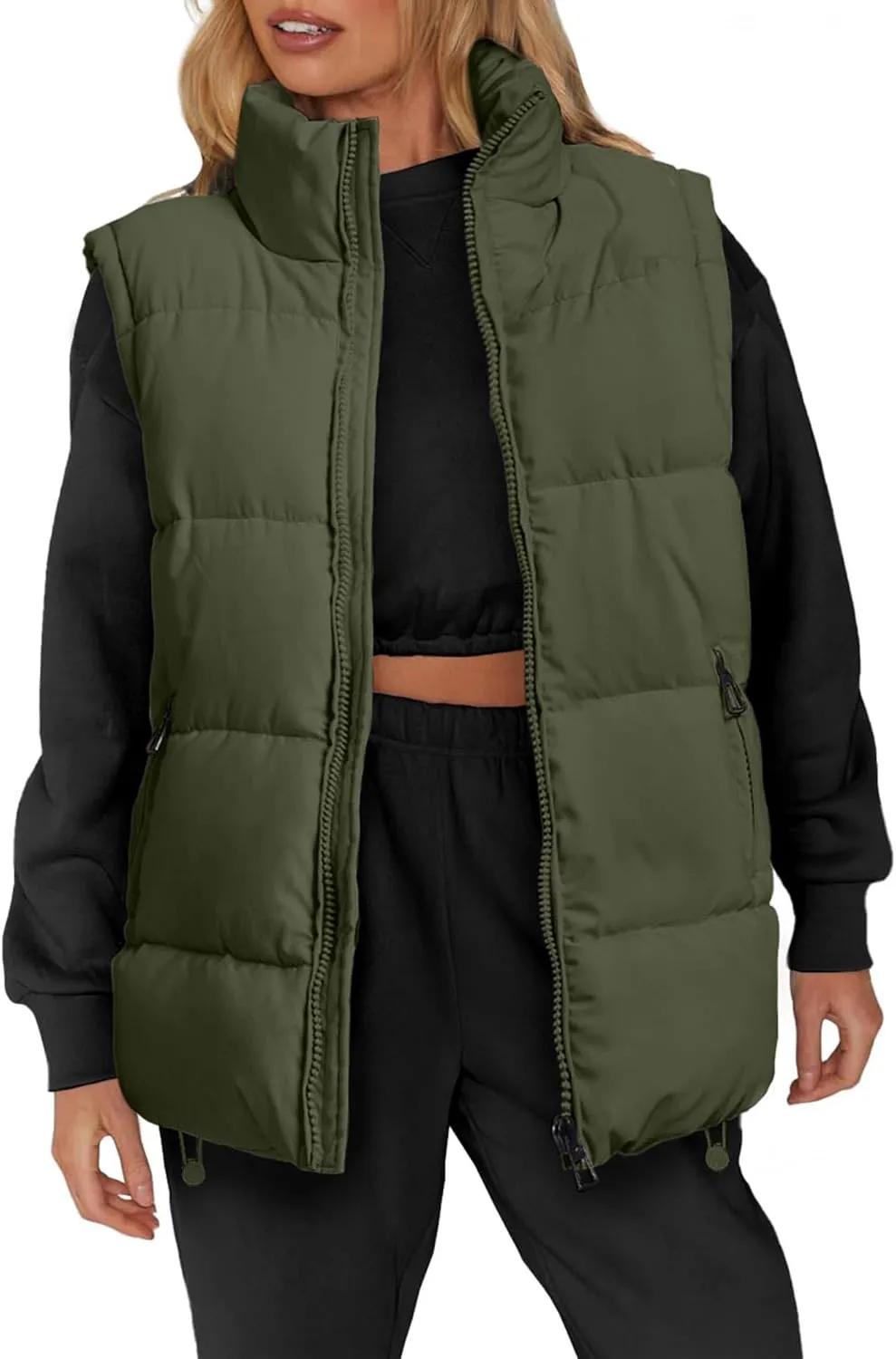 WHN Womens Puffer Vest 2024 Winter Zip Up Oversized Padded Puffy Jacket Coat with Pockets