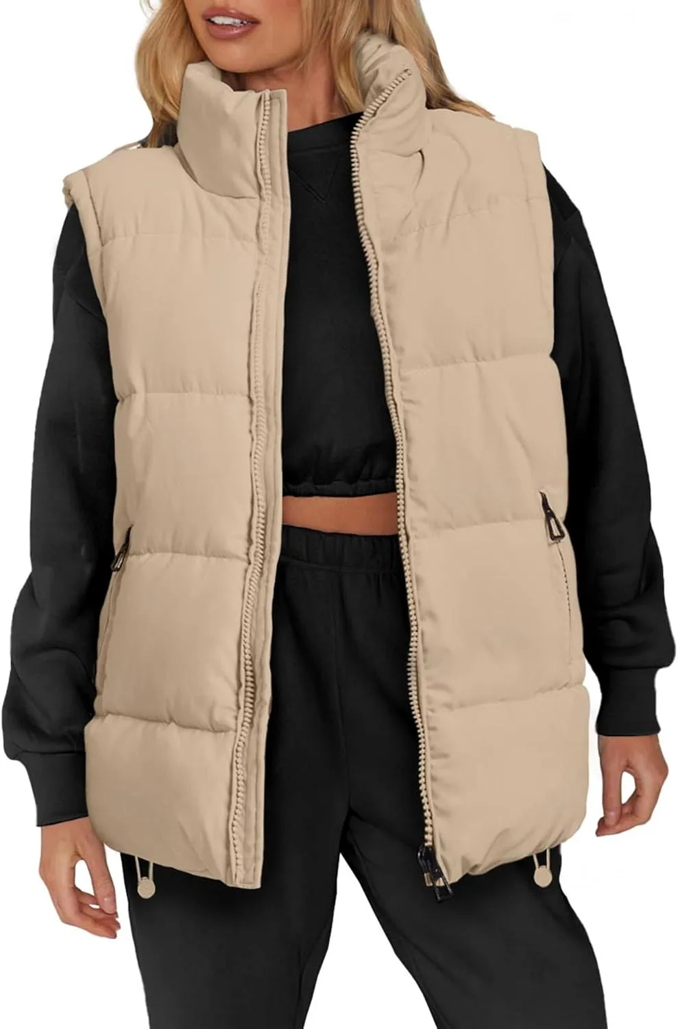 WHN Womens Puffer Vest 2024 Winter Zip Up Oversized Padded Puffy Jacket Coat with Pockets