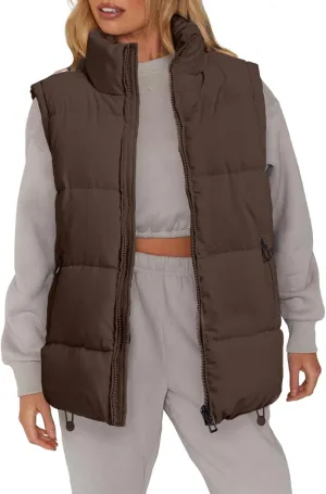 WHN Womens Puffer Vest 2024 Winter Zip Up Oversized Padded Puffy Jacket Coat with Pockets