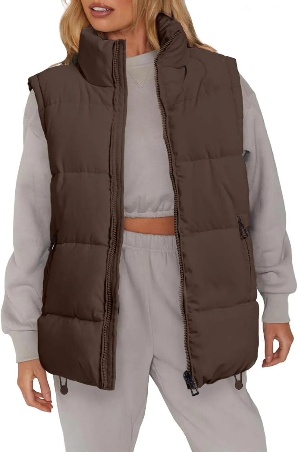 WHN Womens Puffer Vest 2024 Winter Zip Up Oversized Padded Puffy Jacket Coat with Pockets