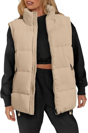 WHN Womens Puffer Vest 2024 Winter Zip Up Oversized Padded Puffy Jacket Coat with Pockets