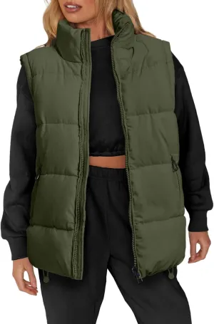 WHN Womens Puffer Vest 2024 Winter Zip Up Oversized Padded Puffy Jacket Coat with Pockets