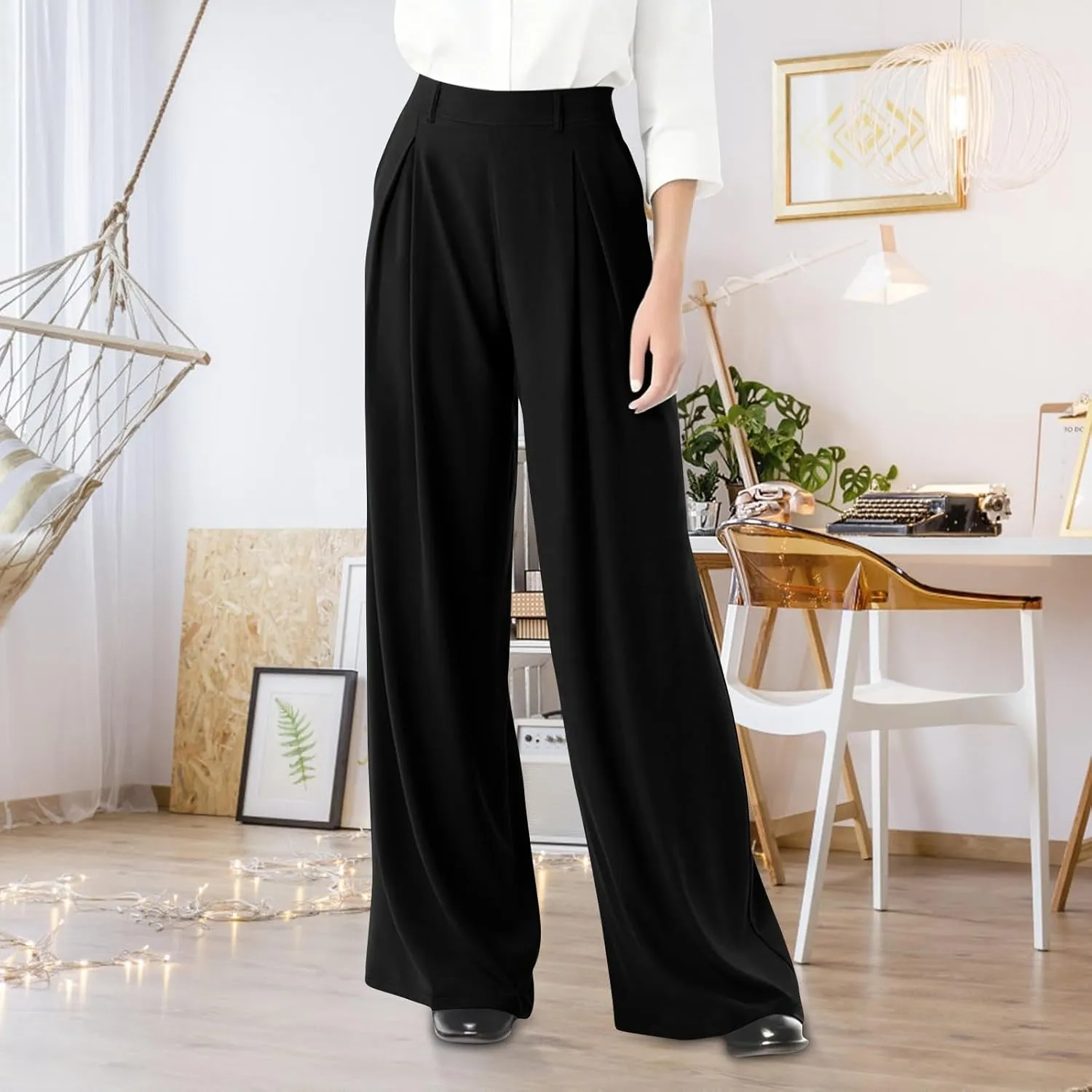 Wide Leg Pants for Women Stretchy Palazzo Pants High Elastic Waisted Button Down Long Trousers