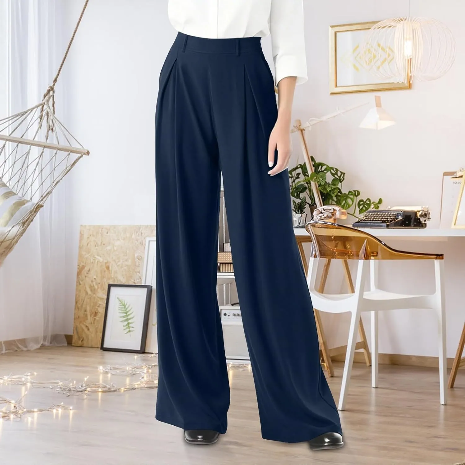 Wide Leg Pants for Women Stretchy Palazzo Pants High Elastic Waisted Button Down Long Trousers