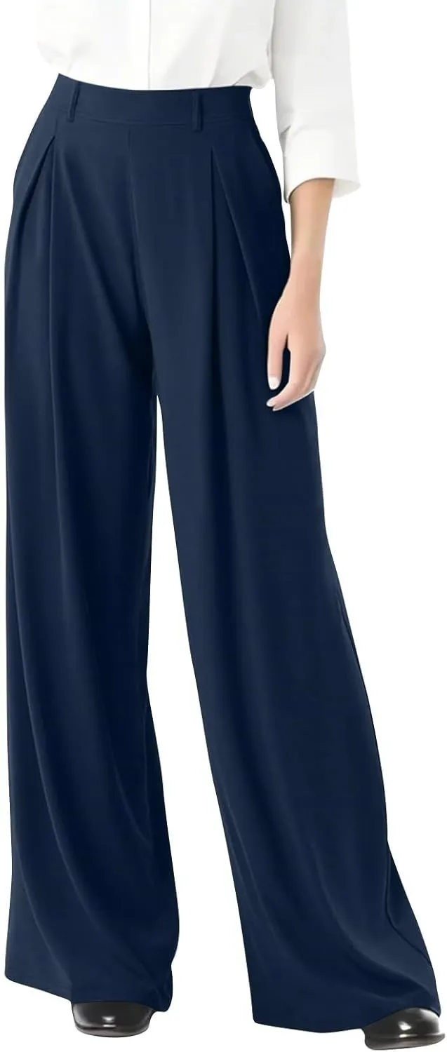 Wide Leg Pants for Women Stretchy Palazzo Pants High Elastic Waisted Button Down Long Trousers
