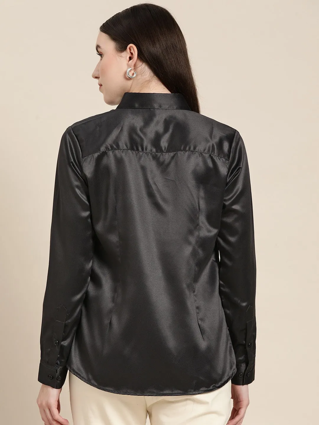 Women Black Solid Satin Formal Shirt