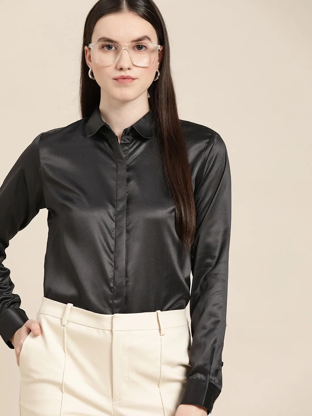 Women Black Solid Satin Formal Shirt