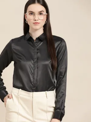 Women Black Solid Satin Formal Shirt