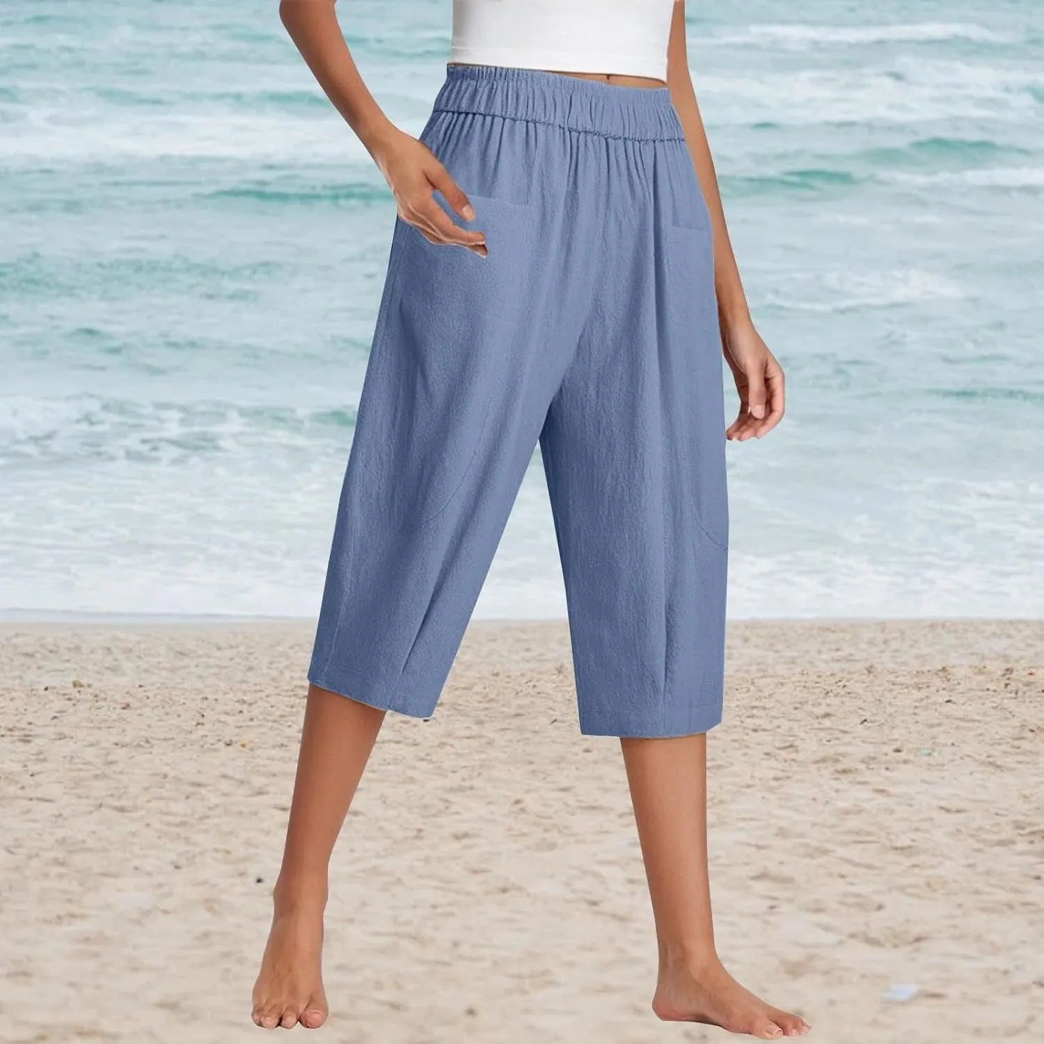 Women Capri Pants Linen Elastic High Waist Tapered Leg with Pockets Causal Loose Fit Summer Beach Lounge Trousers