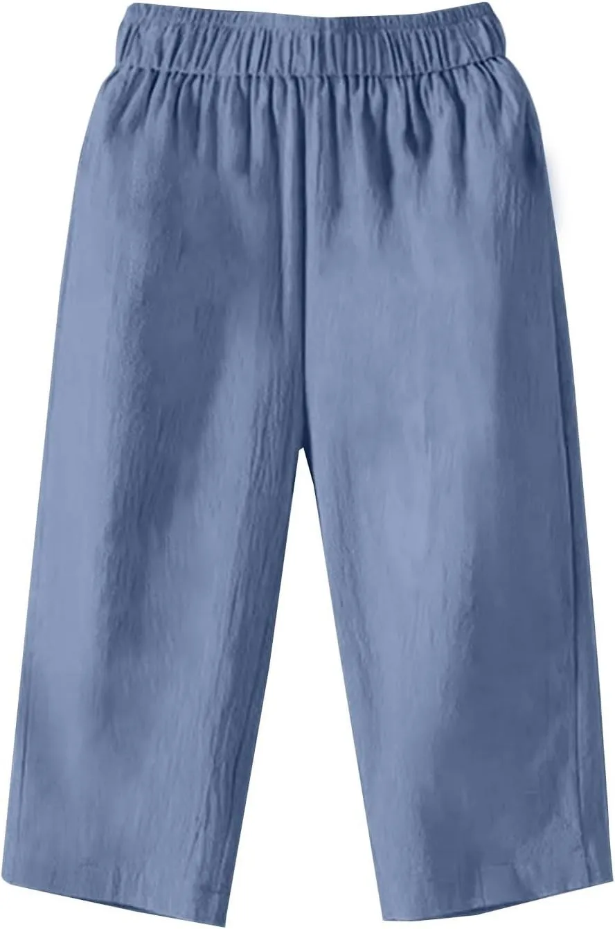 Women Capri Pants Linen Elastic High Waist Tapered Leg with Pockets Causal Loose Fit Summer Beach Lounge Trousers