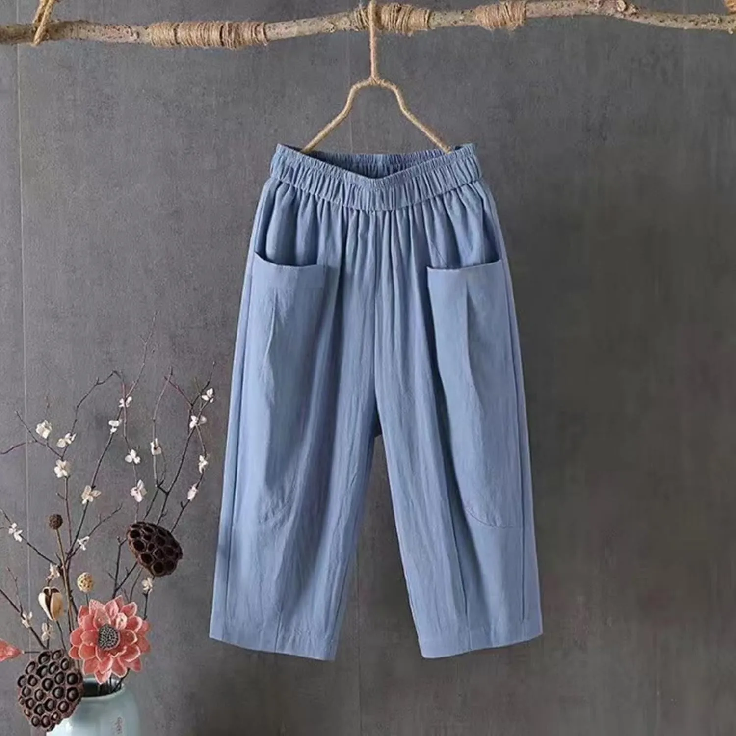 Women Capri Pants Linen Elastic High Waist Tapered Leg with Pockets Causal Loose Fit Summer Beach Lounge Trousers