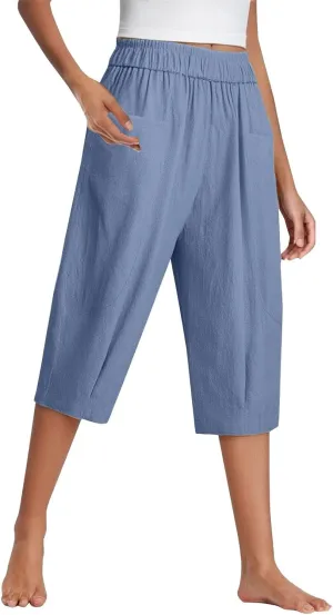 Women Capri Pants Linen Elastic High Waist Tapered Leg with Pockets Causal Loose Fit Summer Beach Lounge Trousers