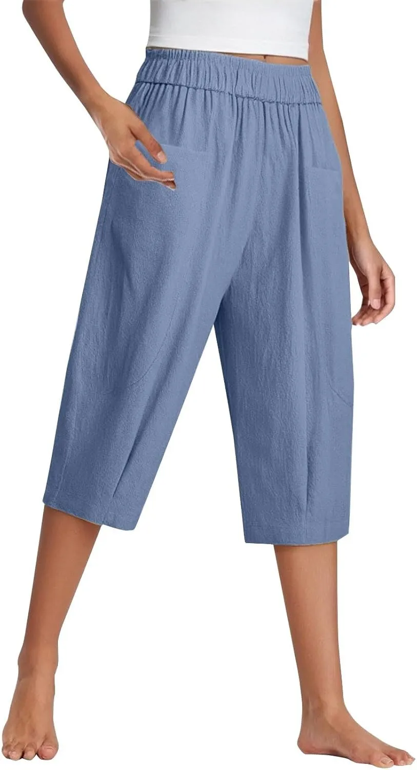 Women Capri Pants Linen Elastic High Waist Tapered Leg with Pockets Causal Loose Fit Summer Beach Lounge Trousers