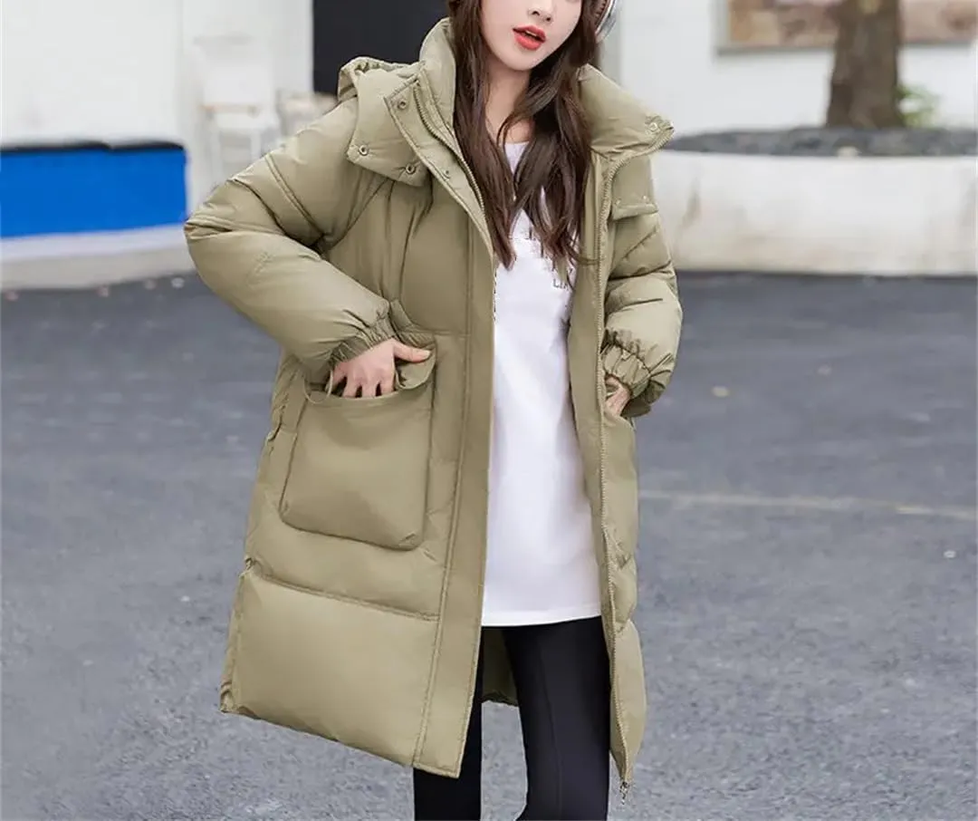 Women Down Cotton Jacket Winter Parkas Casual Hooded Mid-Length Padded Clothes Coat