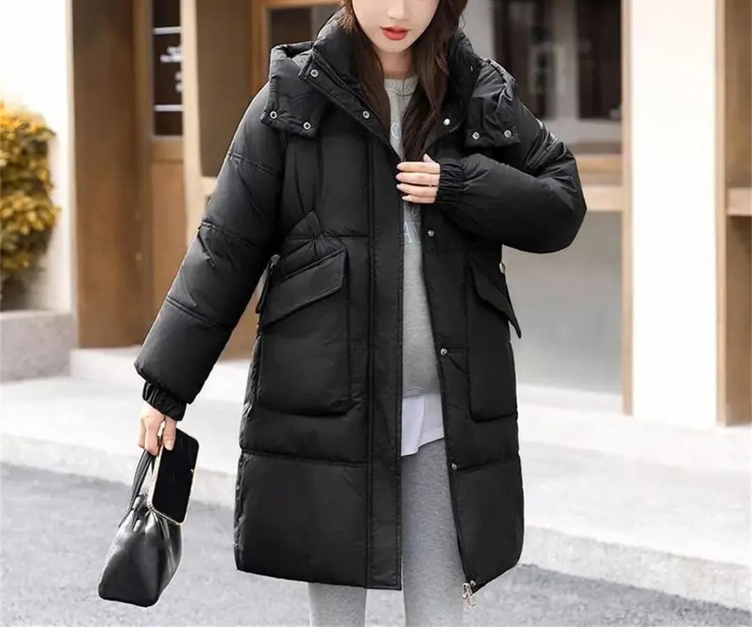 Women Down Cotton Jacket Winter Parkas Casual Hooded Mid-Length Padded Clothes Coat