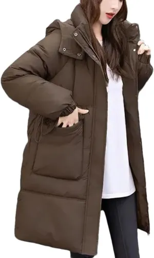 Women Down Cotton Jacket Winter Parkas Casual Hooded Mid-Length Padded Clothes Coat