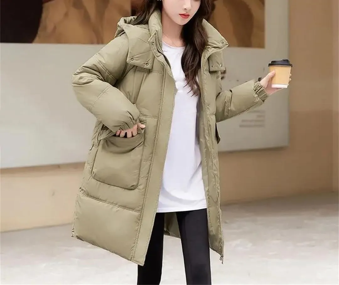 Women Down Cotton Jacket Winter Parkas Casual Hooded Mid-Length Padded Clothes Coat