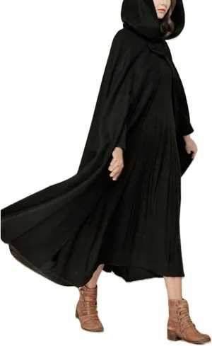 Women Fashion Fall Long Woolen Hooded Cloak Vintage Solid Color Poncho Winter Warm Maxi Cape Coat