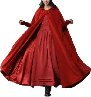 Women Fashion Fall Long Woolen Hooded Cloak Vintage Solid Color Poncho Winter Warm Maxi Cape Coat