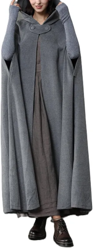 Women Fashion Fall Long Woolen Hooded Cloak Vintage Solid Color Poncho Winter Warm Maxi Cape Coat