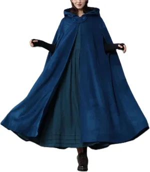 Women Fashion Fall Long Woolen Hooded Cloak Vintage Solid Color Poncho Winter Warm Maxi Cape Coat