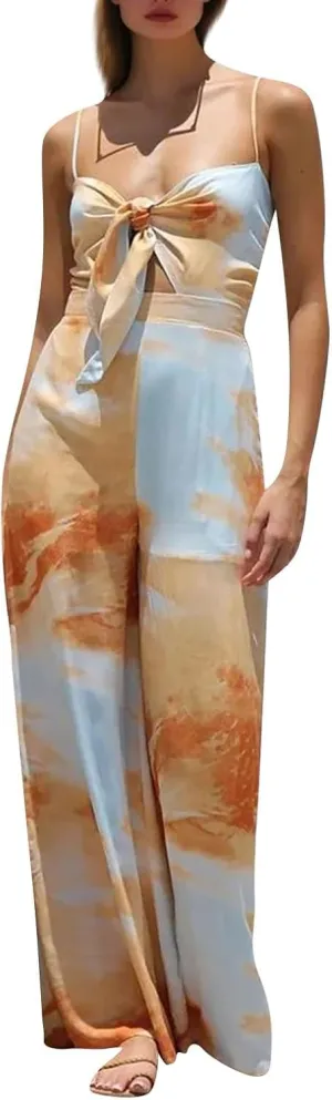 Women Graffiti Spaghetti Strap Sleeveless Dresses Casual Elegant Printed Halters Long Dress Flowing Boho Sundress