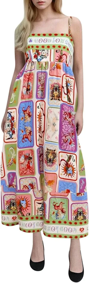 Women Graffiti Spaghetti Strap Sleeveless Dresses Casual Elegant Printed Halters Long Dress Flowing Boho Sundress